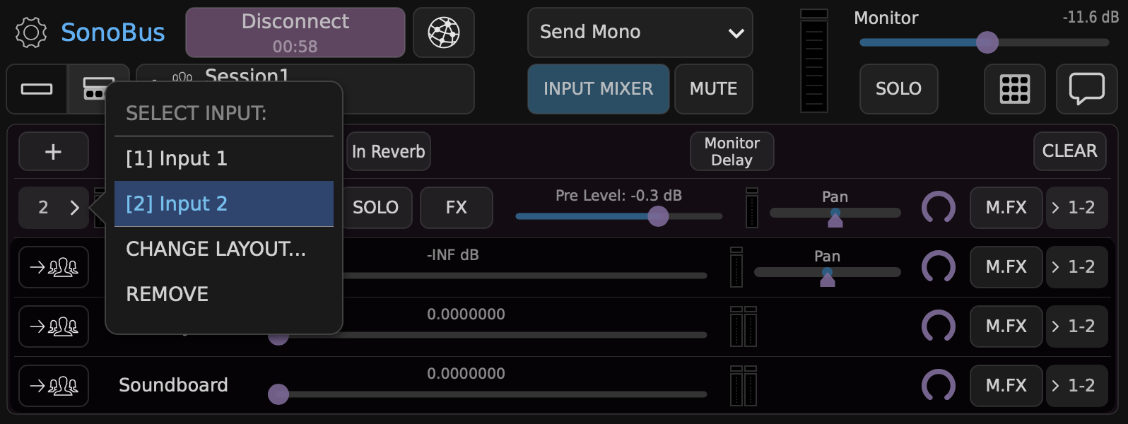 Интерфейс SonoBus с Input Mixer и выбором аудиовхода