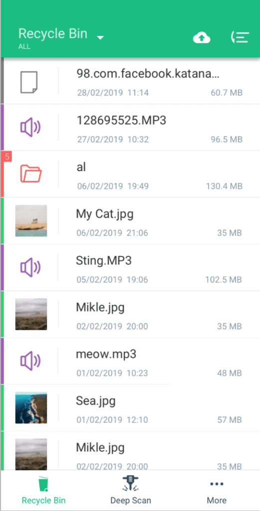 Корзина и режим Deep Scan в приложении Dumpster