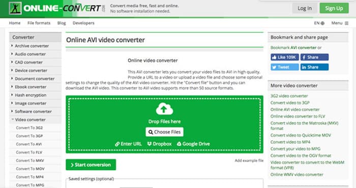 Параметры видео в Online-Convert