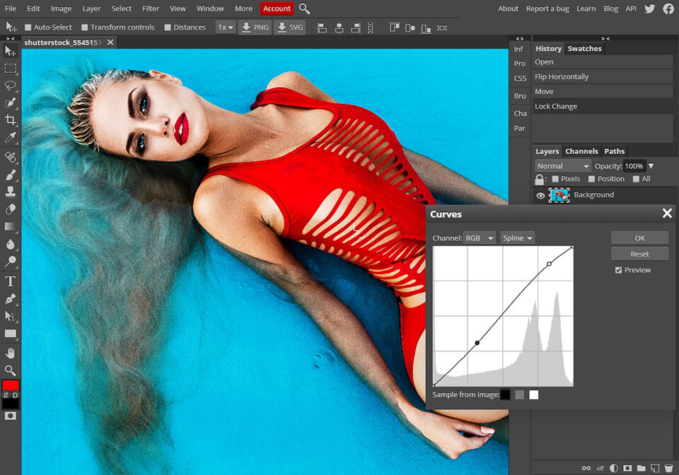 Интерфейс Photopea с открытой корректировкой Curves
