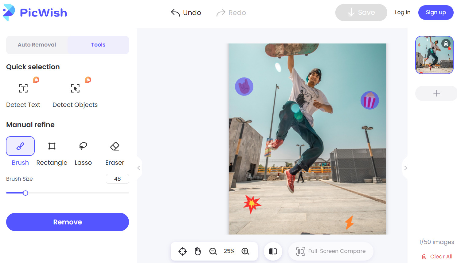 Интерфейс PicWish при удалении нежелательной области