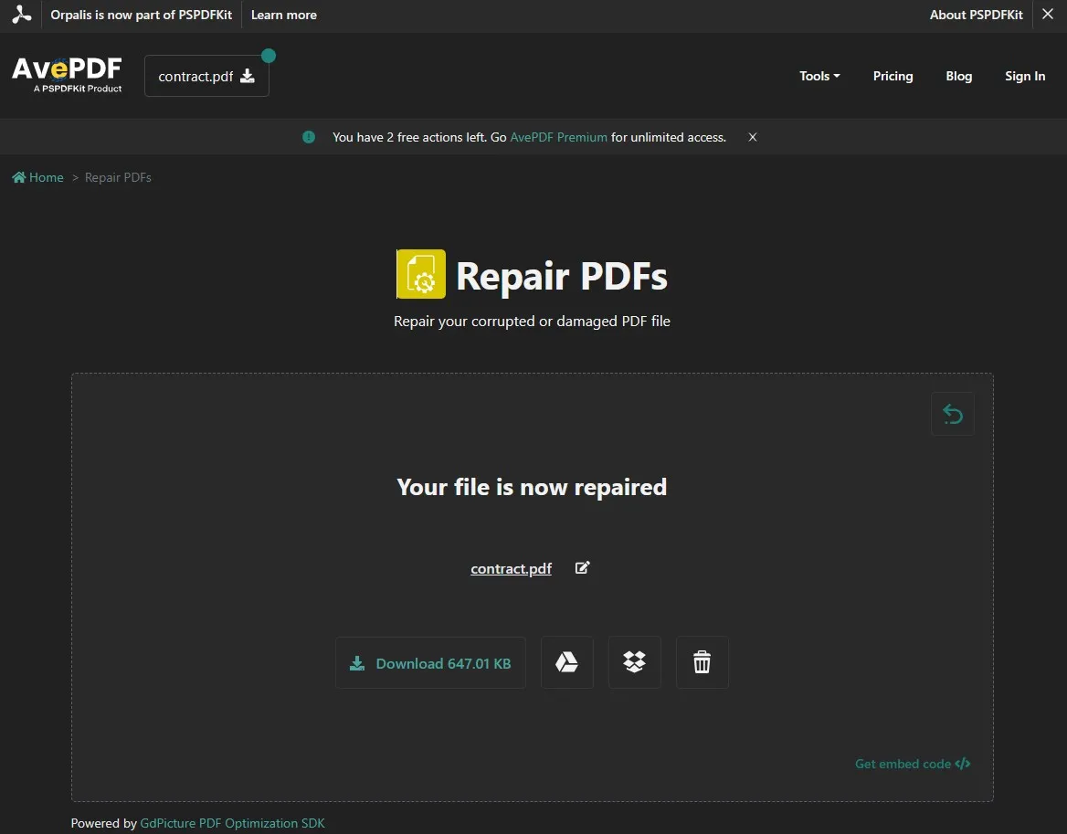 Результат Repair PDFs в AvePDF