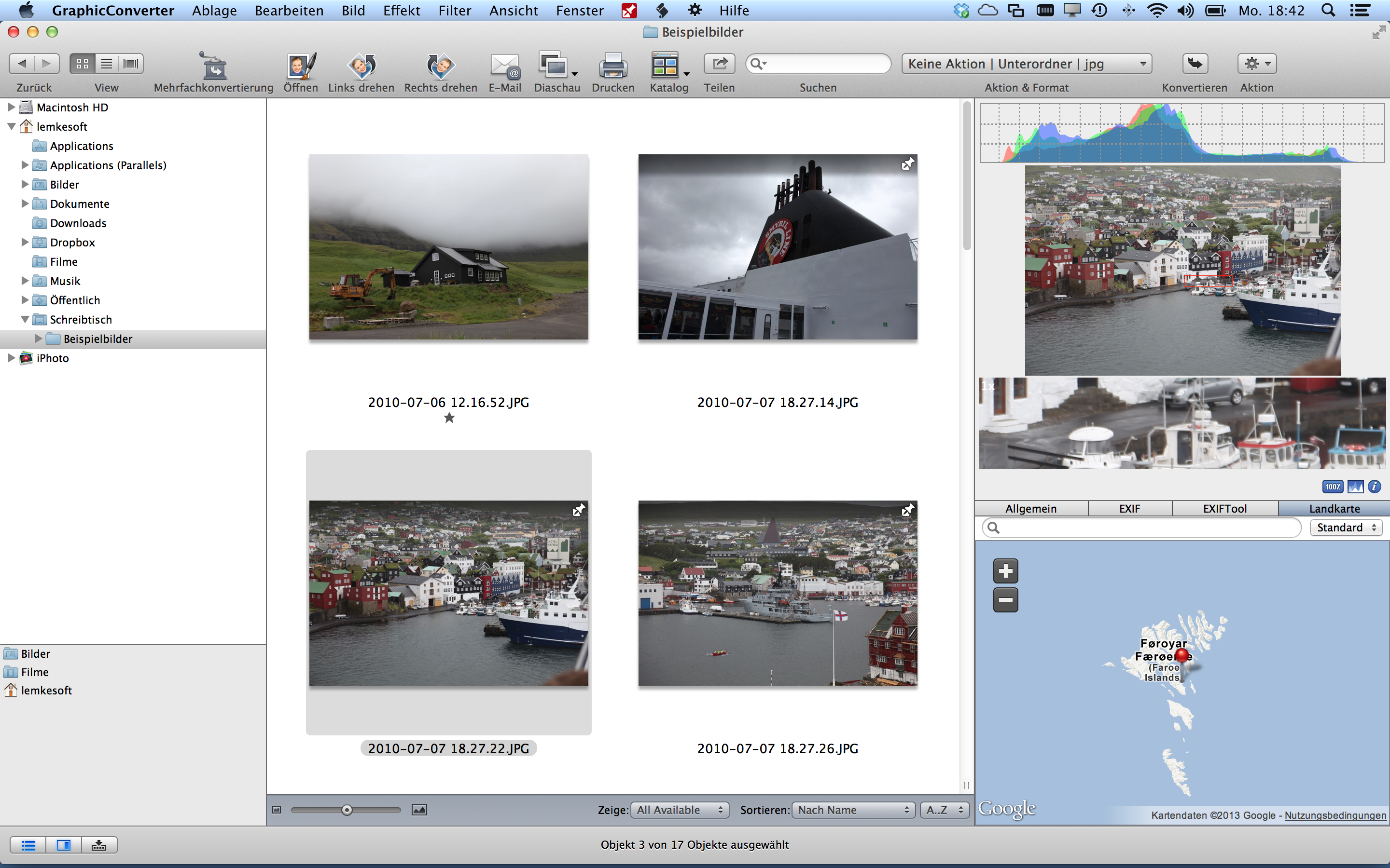 Интерфейс GraphicConverter на macOS с браузером изображений и панелью метаданных
