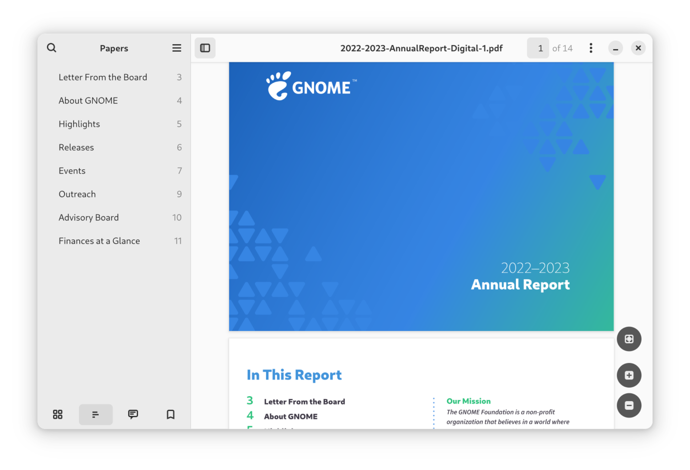 Интерфейс GNOME Papers с боковой панелью страниц документа