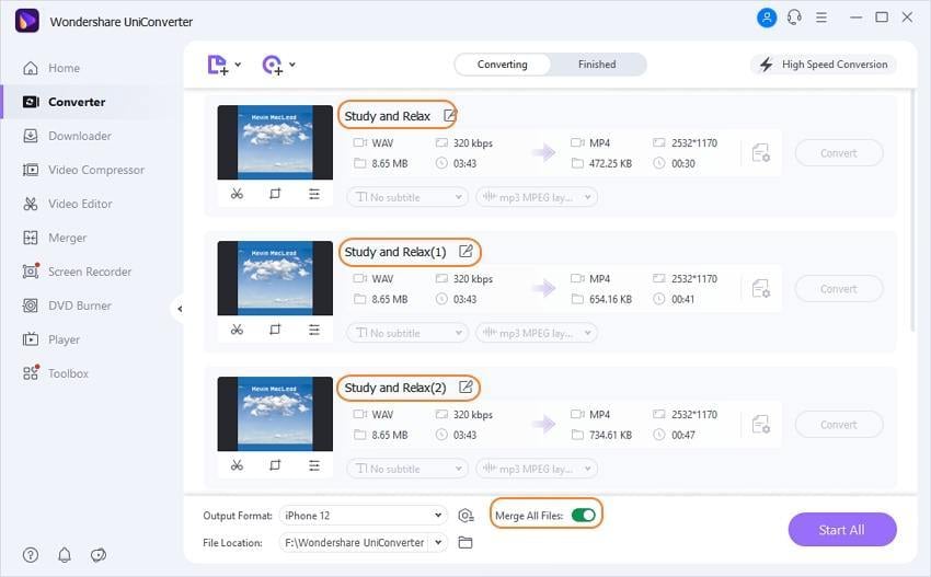 Wondershare UniConverter: объединение оставшихся WAV-сегментов