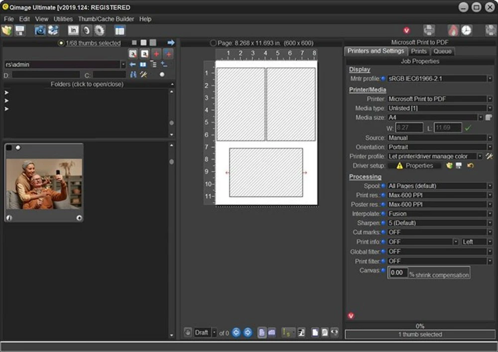 Интерфейс Qimage Ultimate с макетом и настройками принтера