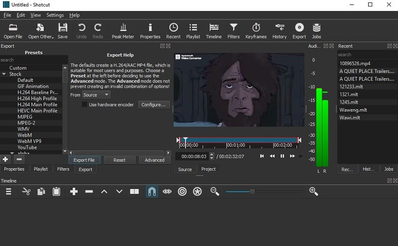 Интерфейс Shotcut с рабочей областью монтажа
