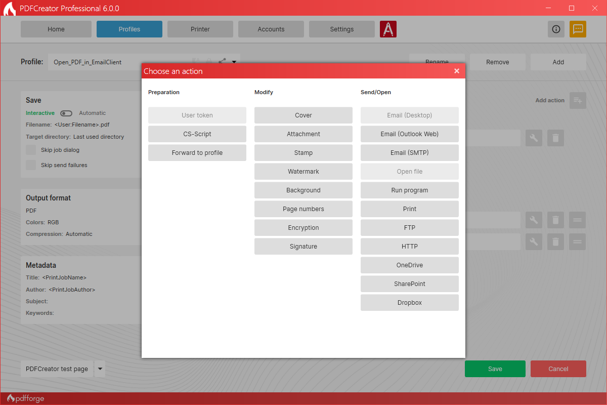 Интерфейс PDFCreator: настройка профиля и действий при создании PDF