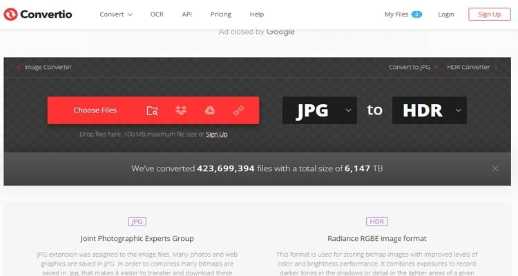 Интерфейс Convertio для конвертации RAW в JPEG