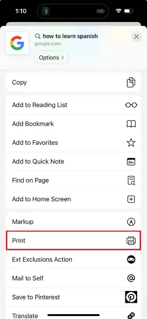 Пункт Print в меню Safari на iPhone