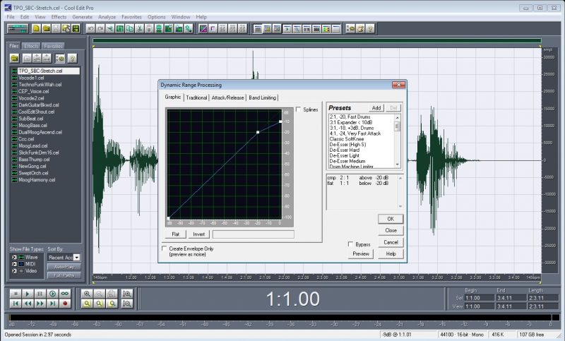 Dynamic Range Processing в Cool Edit Pro 2.1 поверх открытого waveform