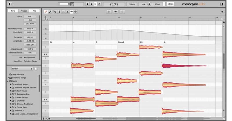 Интерфейс Celemony Melodyne 5 с нотными объектами вокала