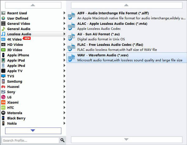 Выбор WAV в разделе lossless audio Apeaksoft