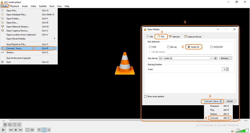 Открытие Audio CD в VLC для конвертации