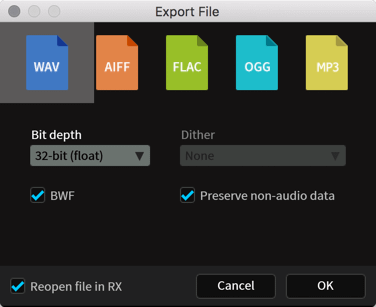 iZotope RX 6 Export File с параметрами BWF и Preserve non-audio data
