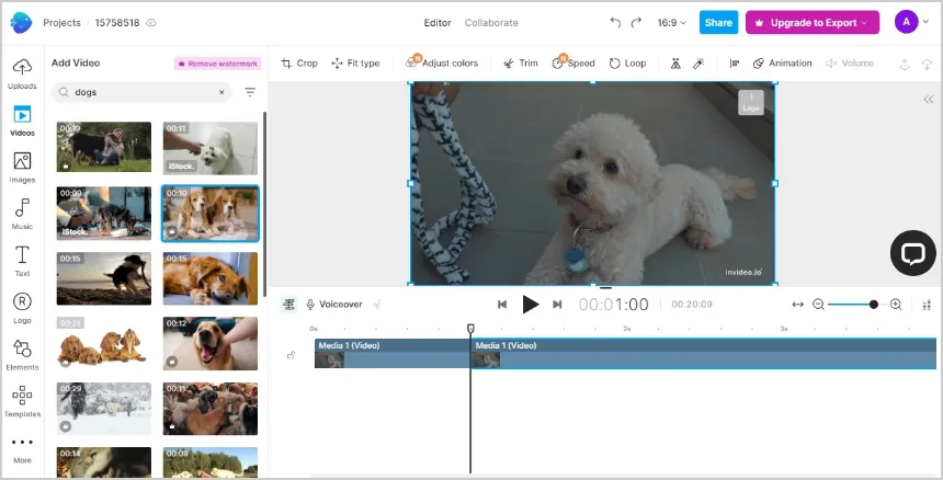 Интерфейс браузерного редактора InVideo