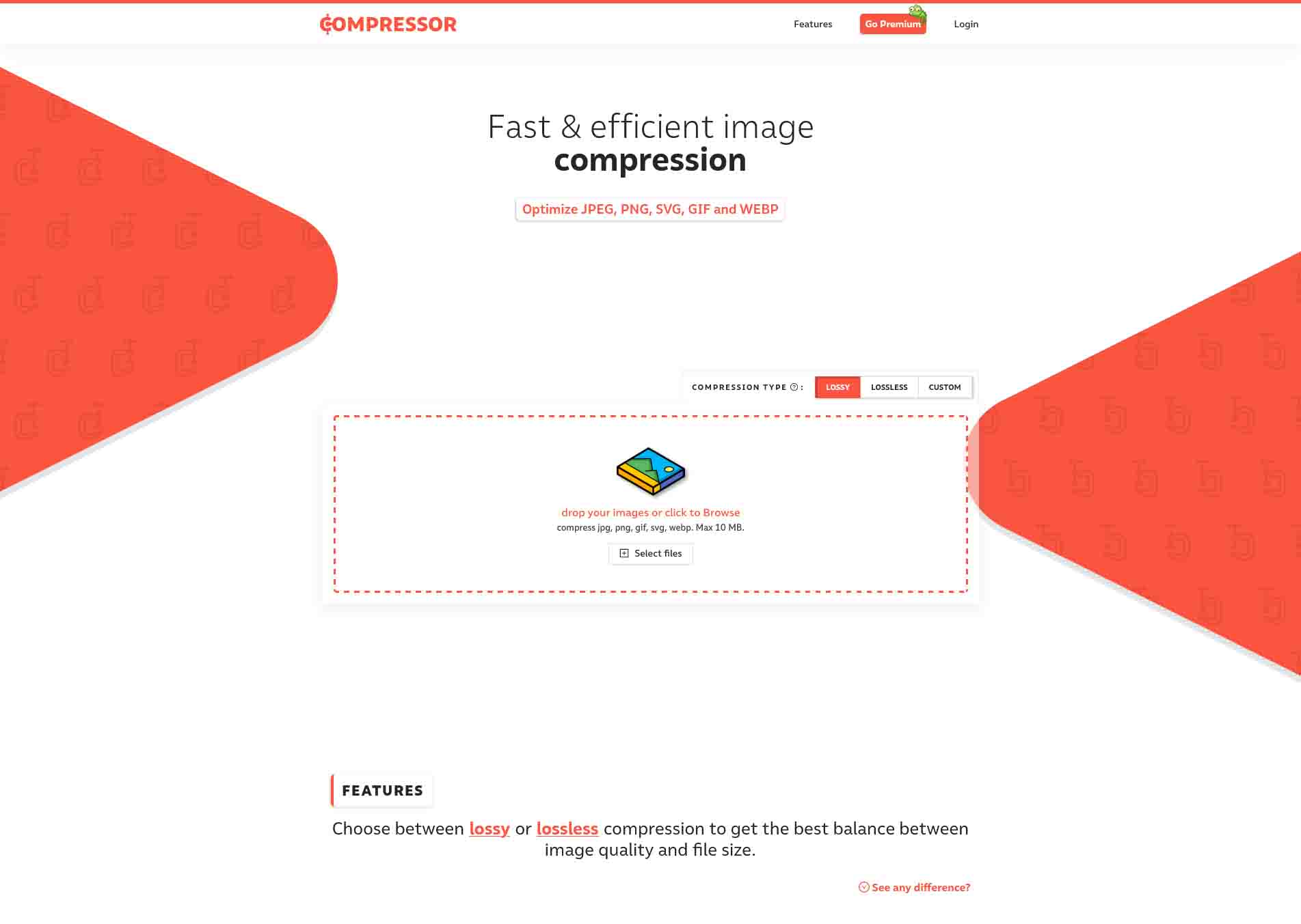 Главный экран Compressor.io с режимами LOSSY, LOSSLESS, CUSTOM и областью загрузки