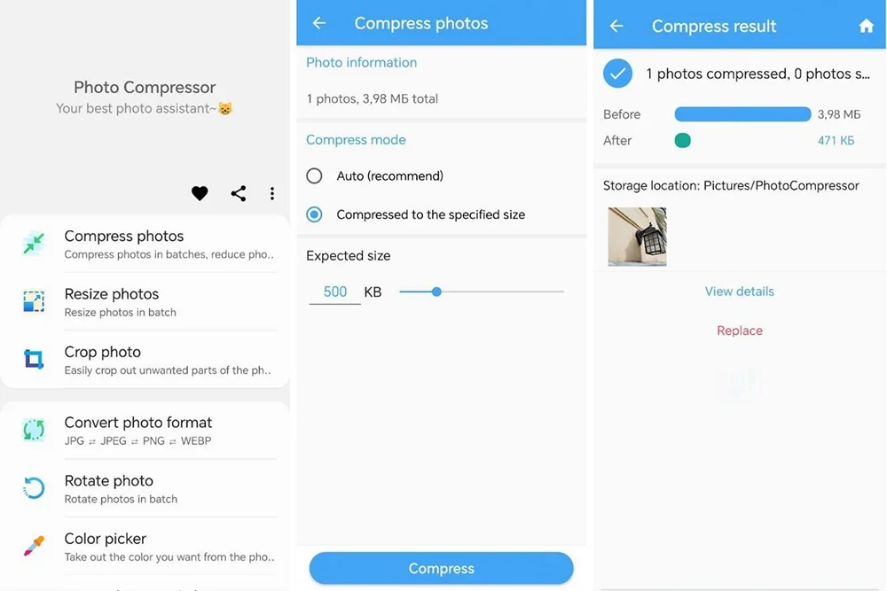 Интерфейс Photo Compress & Resize для сжатия или изменения размера изображения