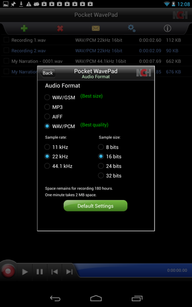 WavePad для Android с выбором WAV/PCM, sample rate и sample size