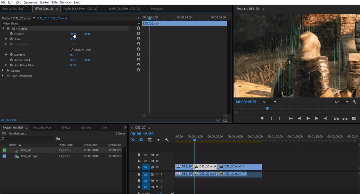 Adobe Premiere Pro: настройка масштаба и положения клипа