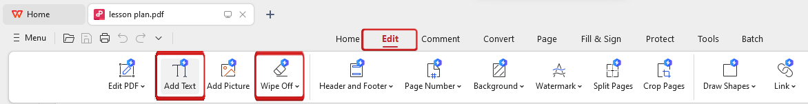 Команда Edit и Add Text в WPS PDF