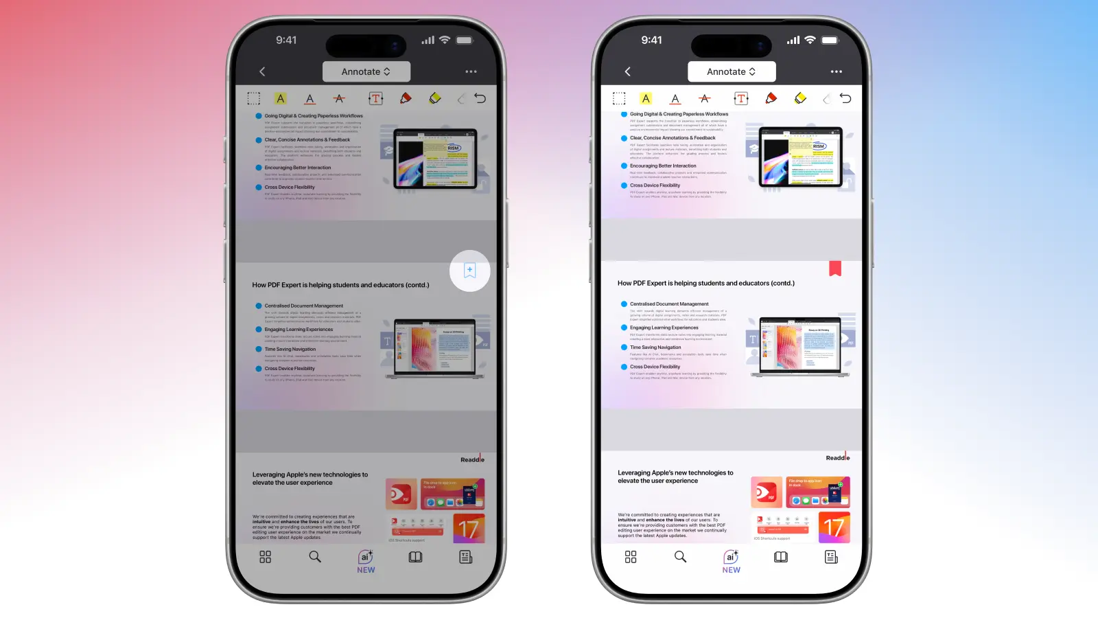 Добавление bookmark на странице PDF Expert на iPhone