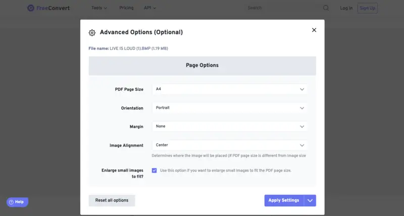 Параметры BMP to PDF в FreeConvert