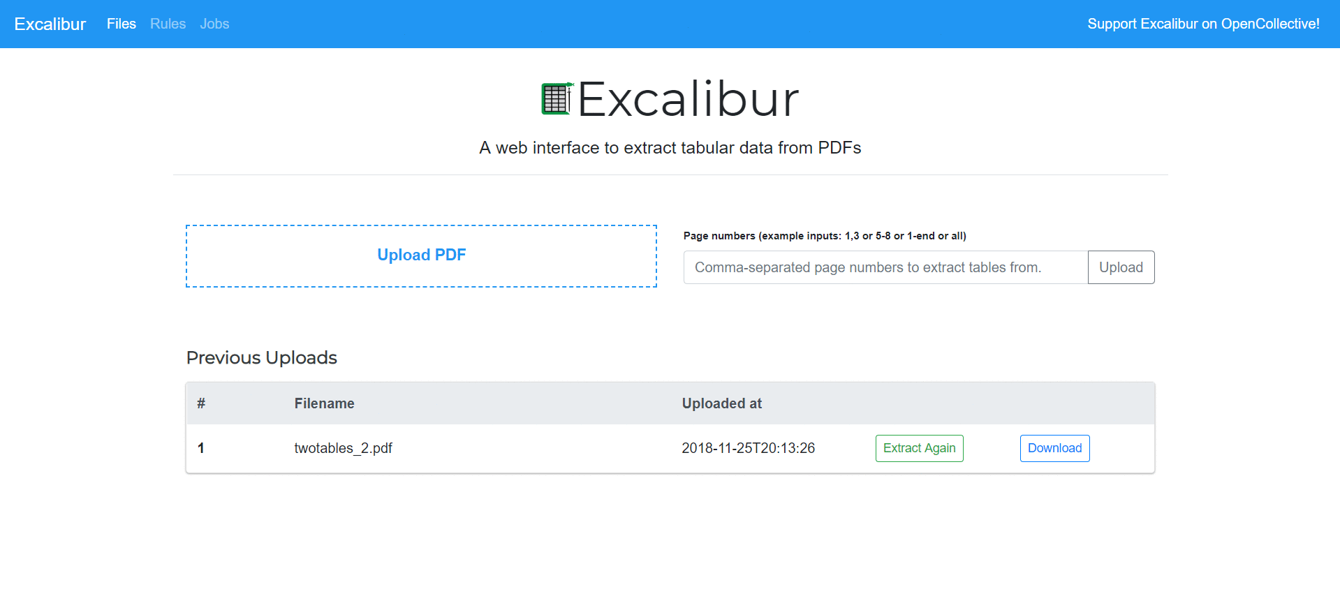 Интерфейс Excalibur для извлечения таблиц из PDF