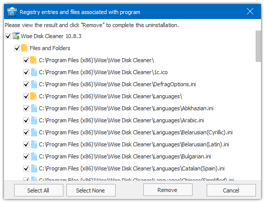 Окно найденных остатков после удаления программы в Wise Program Uninstaller
