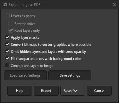 Окно Export Image as PDF в GIMP