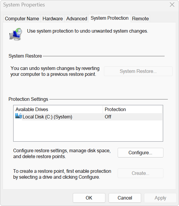 Вкладка защиты системы и список дисков Windows