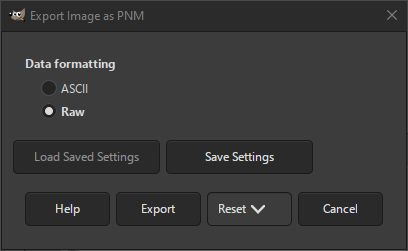 Диалог GIMP для экспорта Netpbm PNM и PAM с выбором формата данных