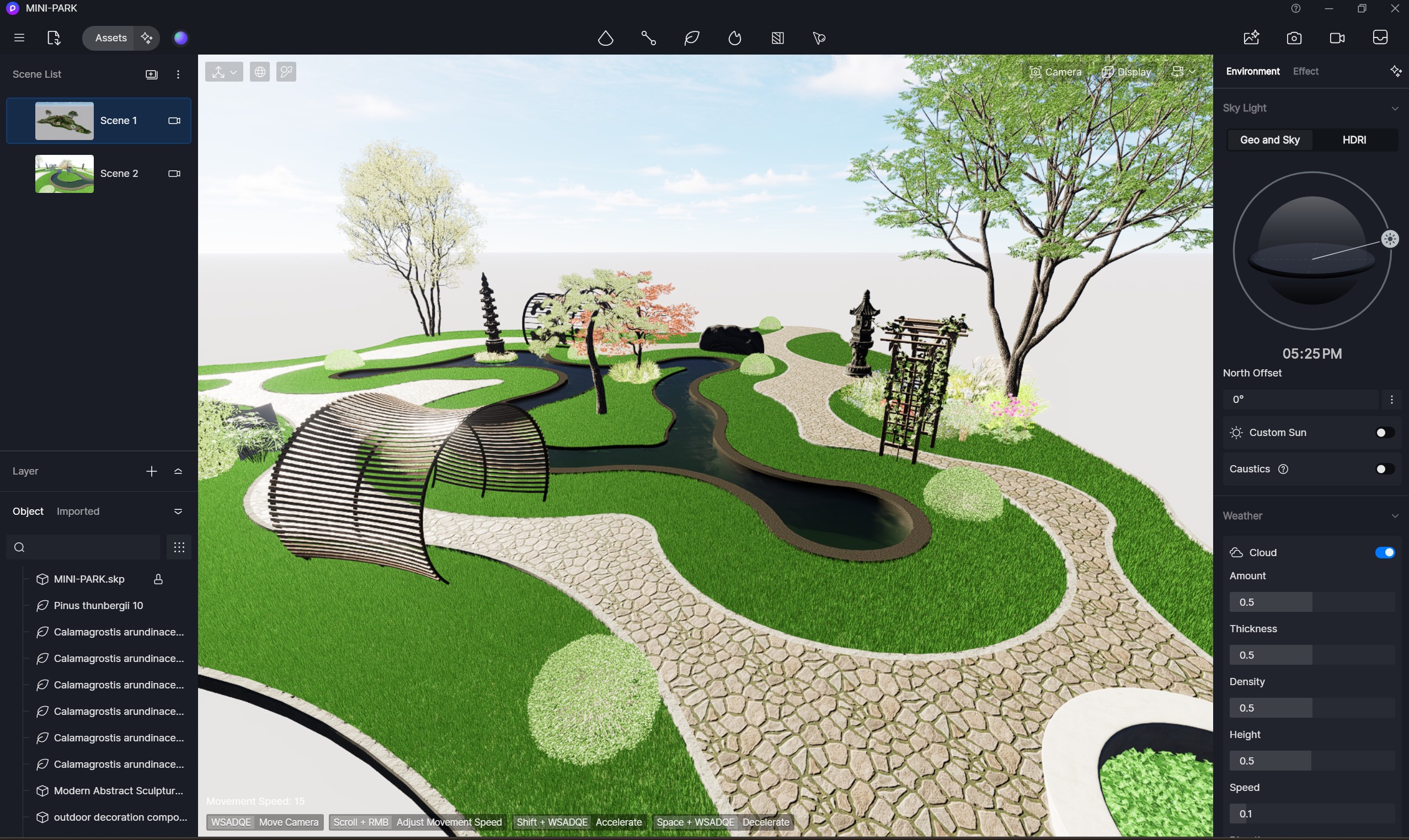 Интерфейс D5 Render с 3D-сценой и панелями визуализации