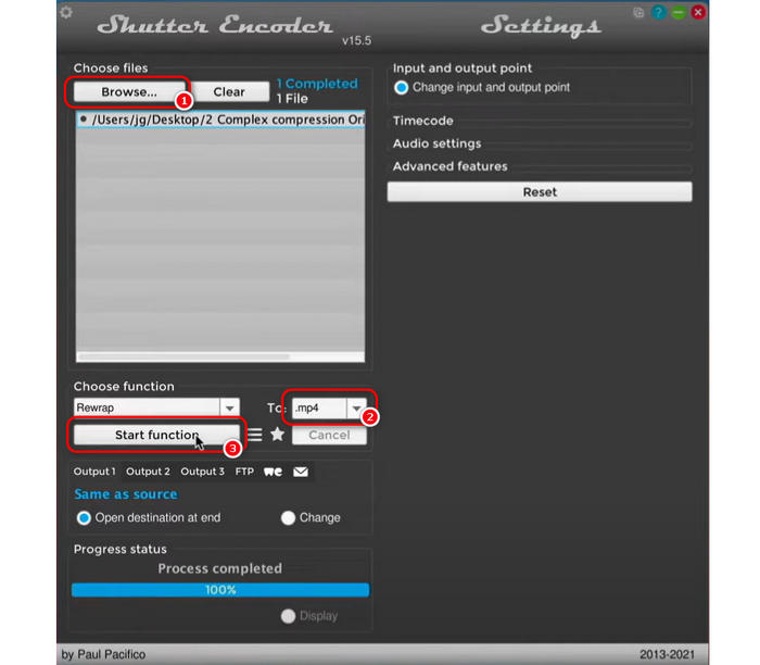 Shutter Encoder: Rewrap to MP4 interface