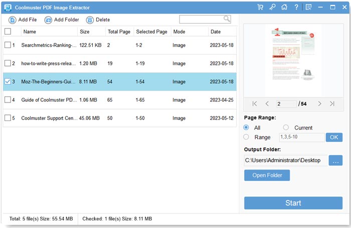 Интерфейс Coolmuster PDF Image Extractor с добавленными PDF и предпросмотром