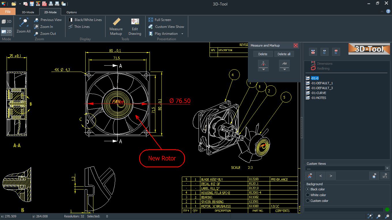 2D-чертёж с измерениями в 3D-Tool