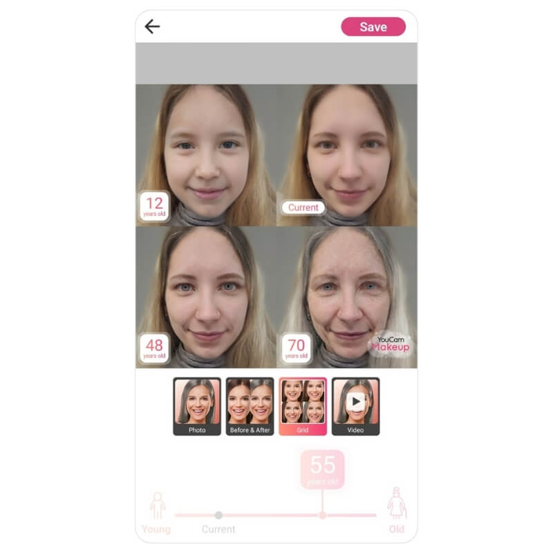 Интерфейс AI Aging в YouCam Makeup с возрастной шкалой и вариантами результата