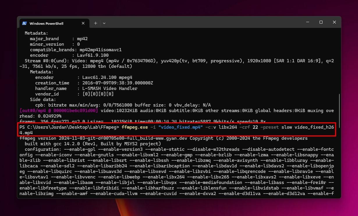 Окно терминала с работой FFmpeg и выводом параметров видеопотока