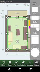 Интерфейс Floor Plan Creator на Android с планом комнаты, размерами и библиотекой мебели