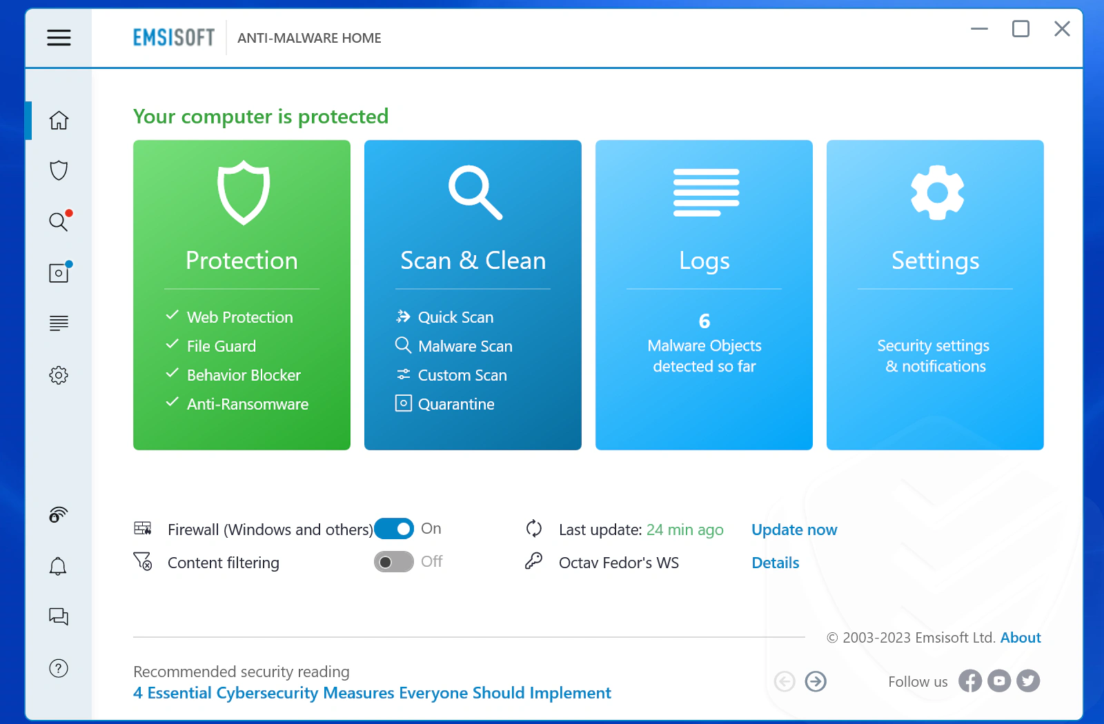 Интерфейс Emsisoft Anti-Malware Home с разделами Protection и Scan & Clean