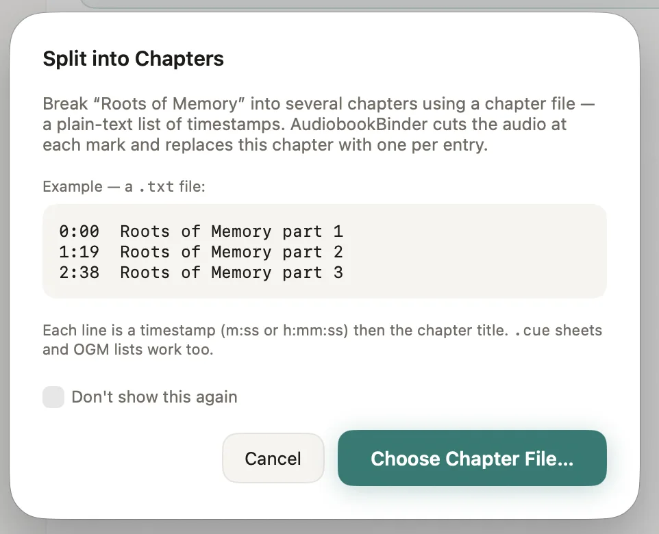 Окно Split into Chapters в Audiobook Binder Pro
