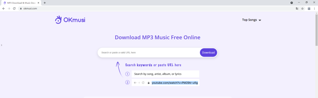 Интерфейс OKmusi для поиска и сохранения MP3
