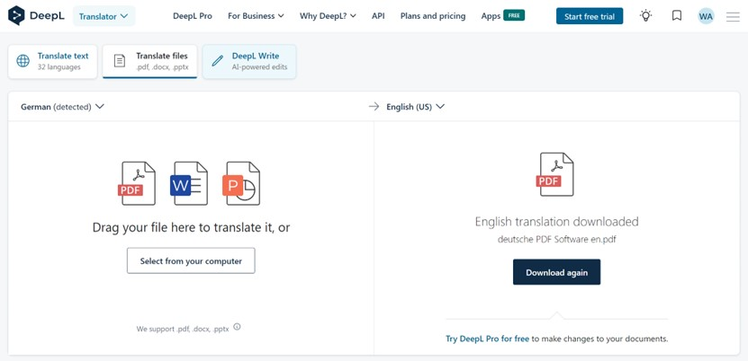 Интерфейс файлового перевода PDF через DeepL