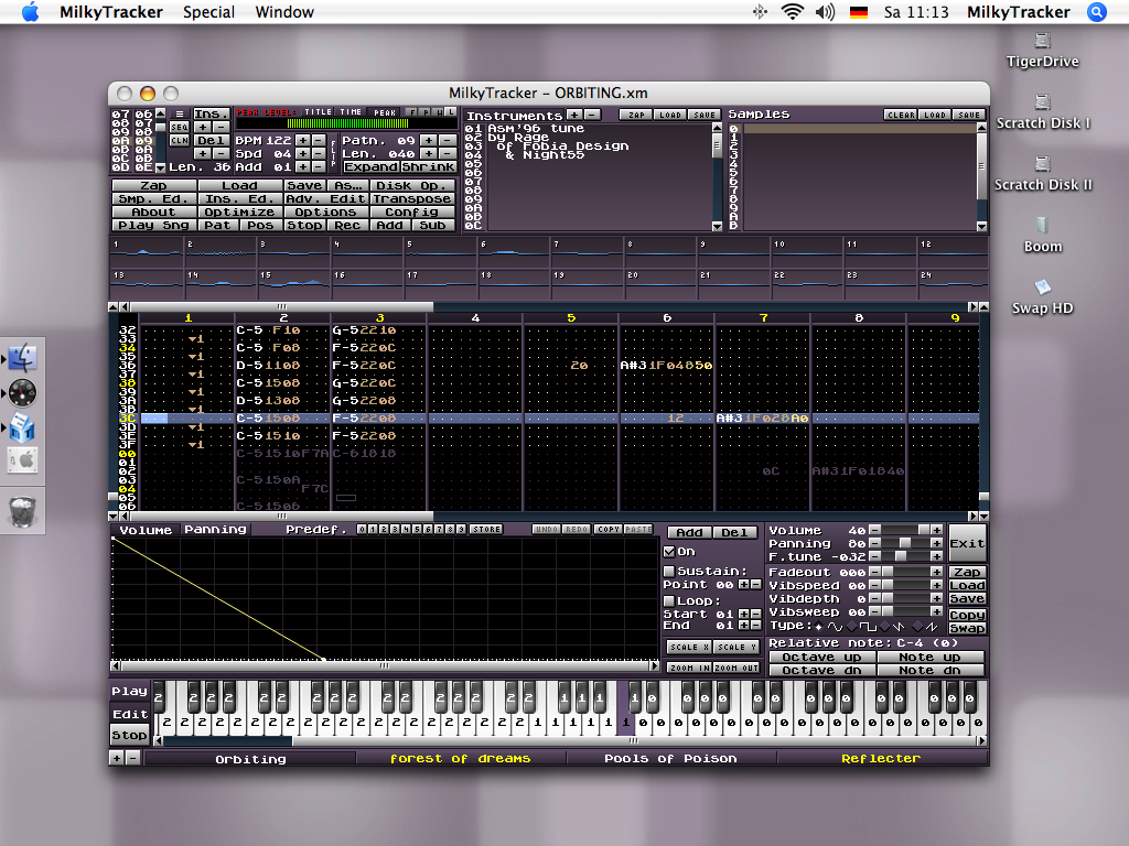 MilkyTracker на macOS: pattern editor, список инструментов и параметры сэмпла