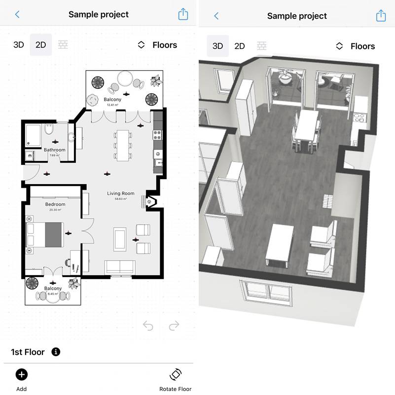 Интерфейс magicplan с 2D- и 3D-представлением проекта