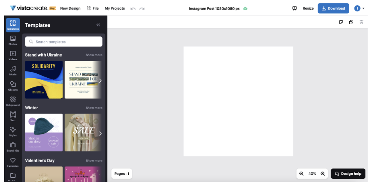 Редактор VistaCreate с панелью шаблонов и рабочим холстом