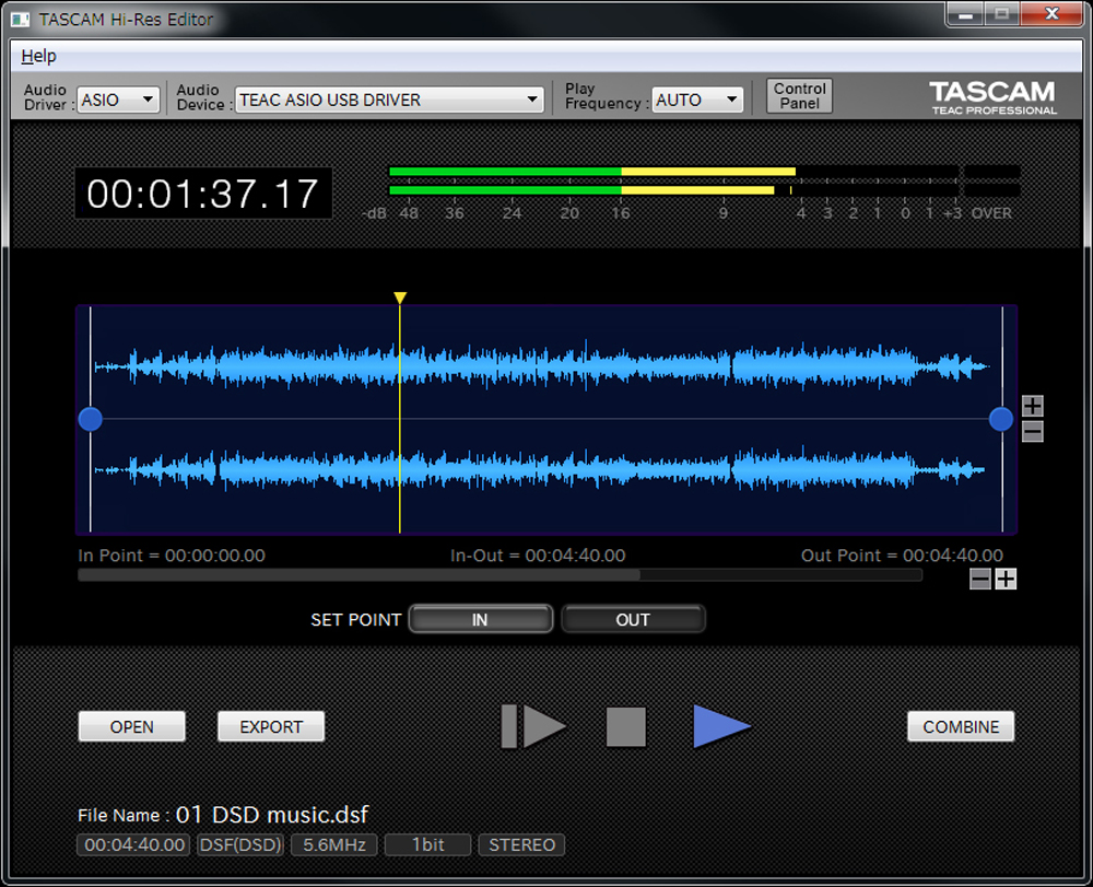 Интерфейс TASCAM Hi-Res Editor с волновой формой DSD/PCM-файла