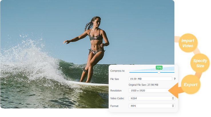 Инструмент Compress в VideoProc Converter AI с целевым размером, разрешением и кодеком