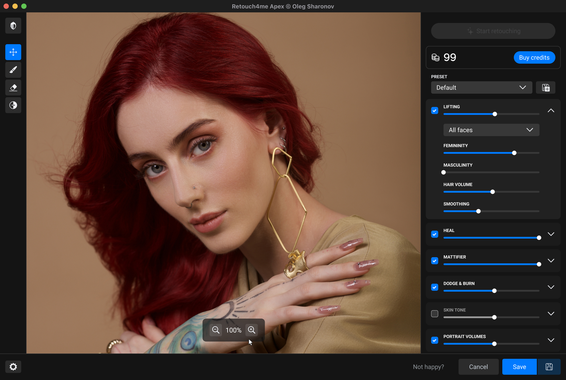 Интерфейс Retouch4me Apex с панелью инструментов портретной обработки
