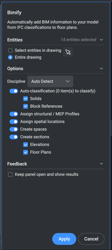 Панель Bimify command panel в BricsCAD BIM с настройками классификации, этажей, помещений и разрезов